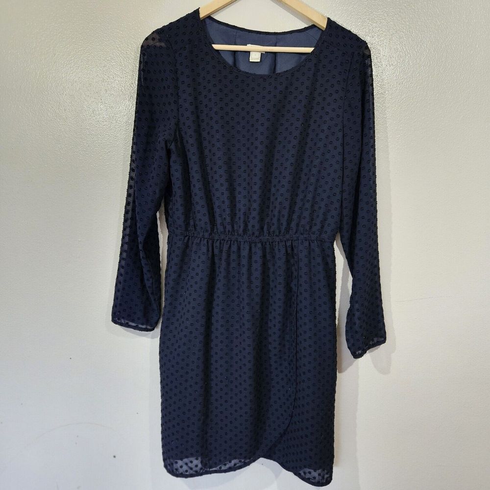 J.Crew Factory Women's Long Sleeve Sheer Clip‎ Dot Navy Mid Dress Size 6 Career